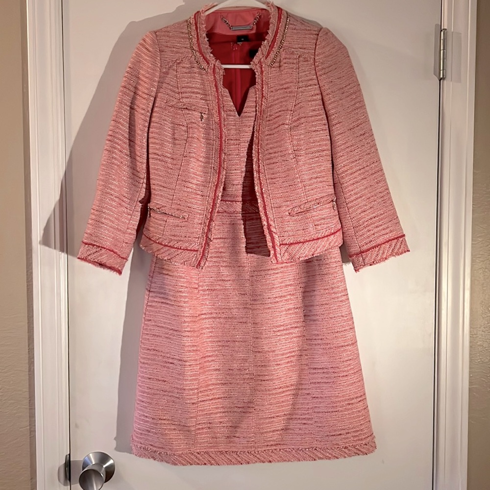 White House Black Market, WHBM, Pink Tweed Dress Suit